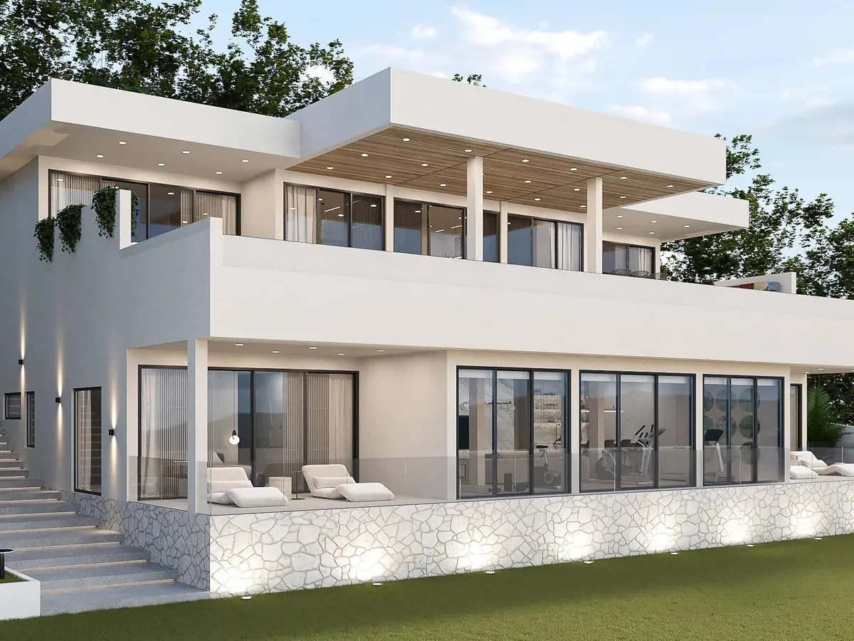 Render of a contemporary two-storey villa with terraces and lit stone base