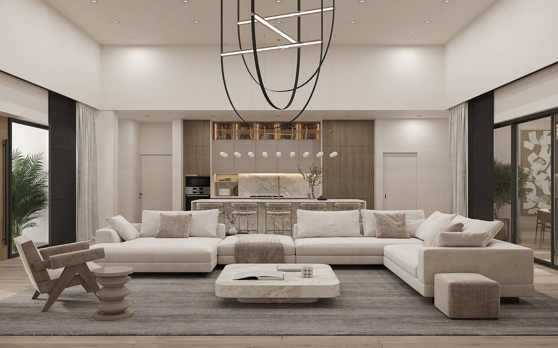 Render of a double-height living room opening onto the kitchen