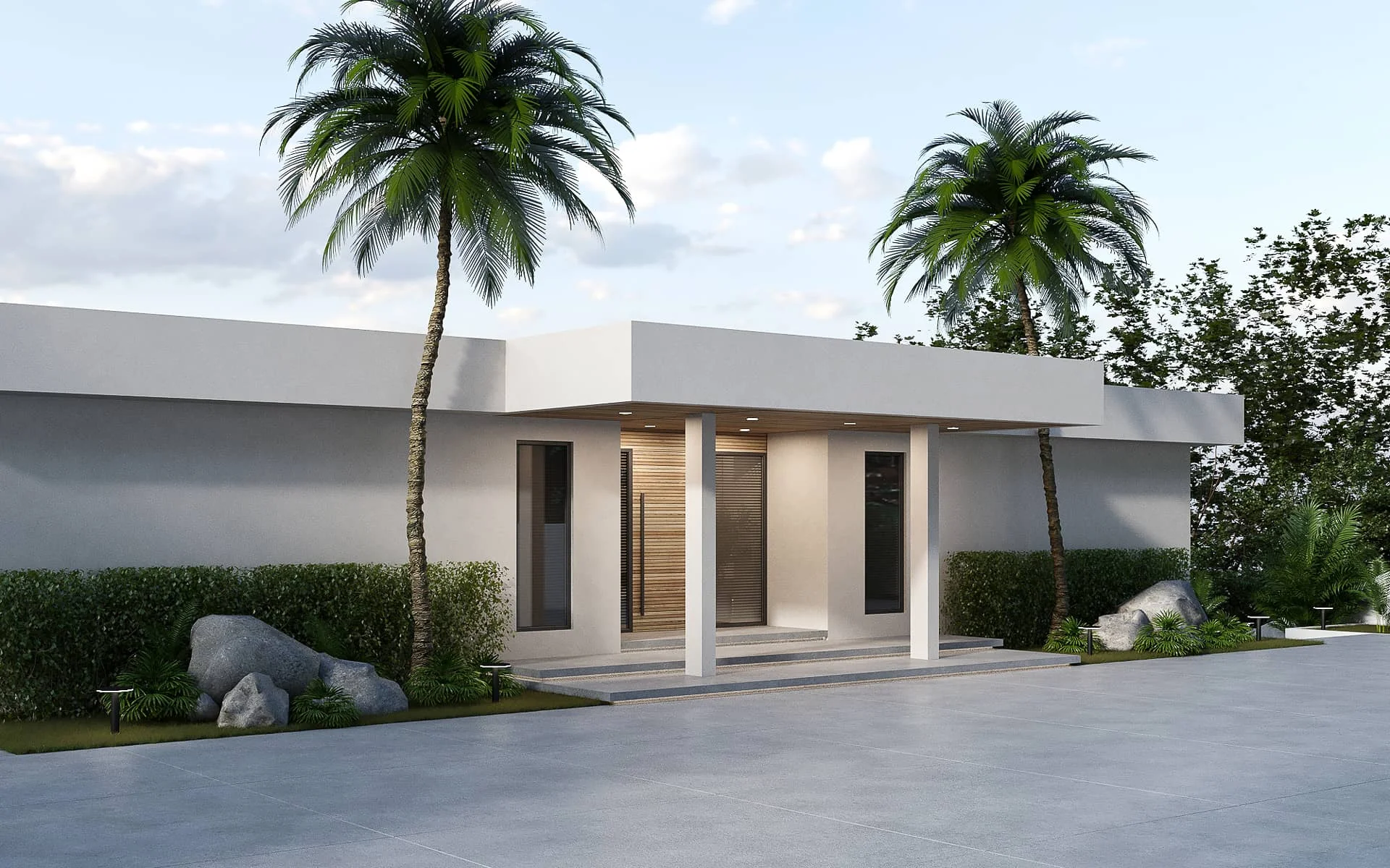 Completed white villa exterior with mature planting, Antigua
