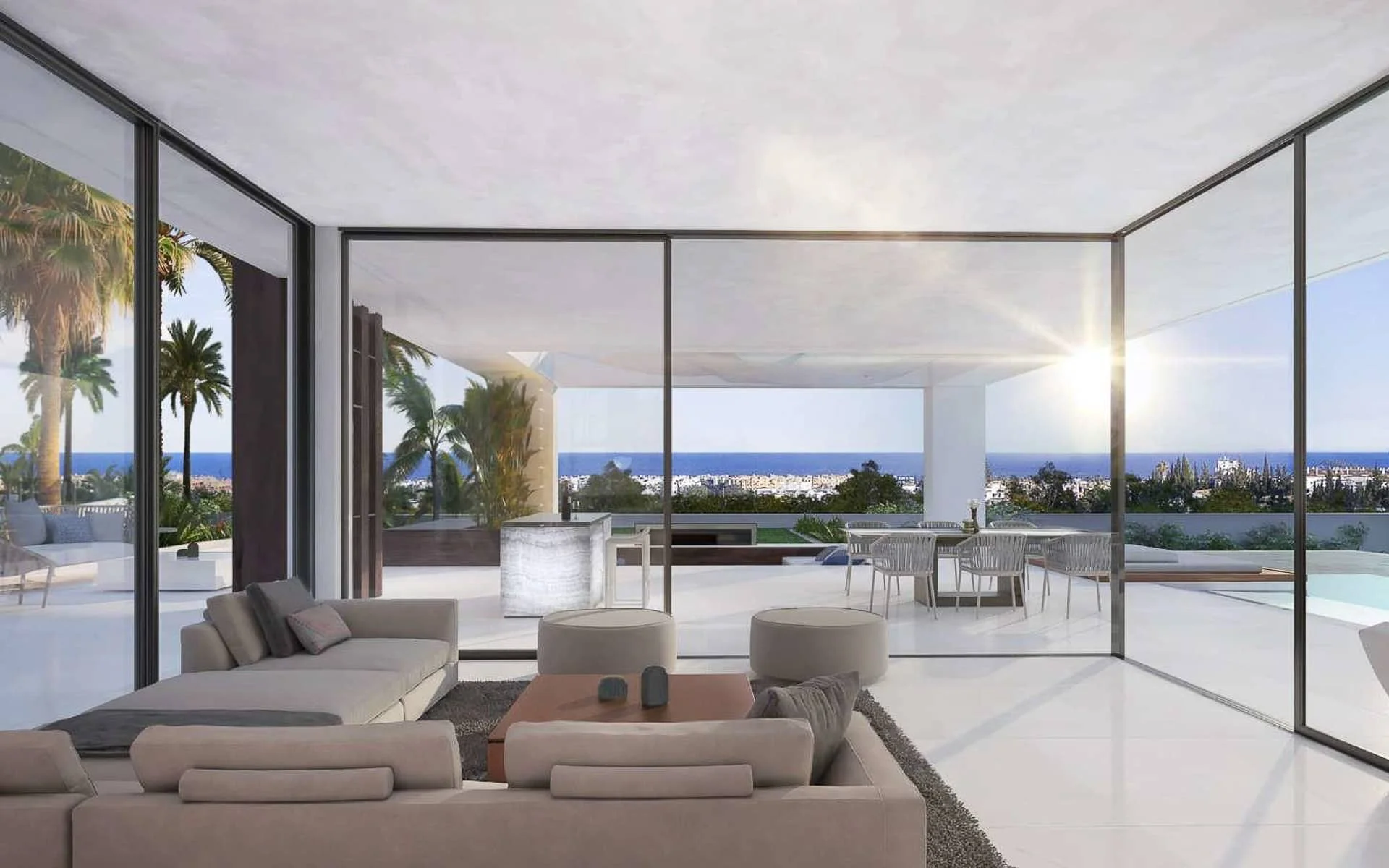 Render of a glass-walled living room opening onto a terrace with a sea view