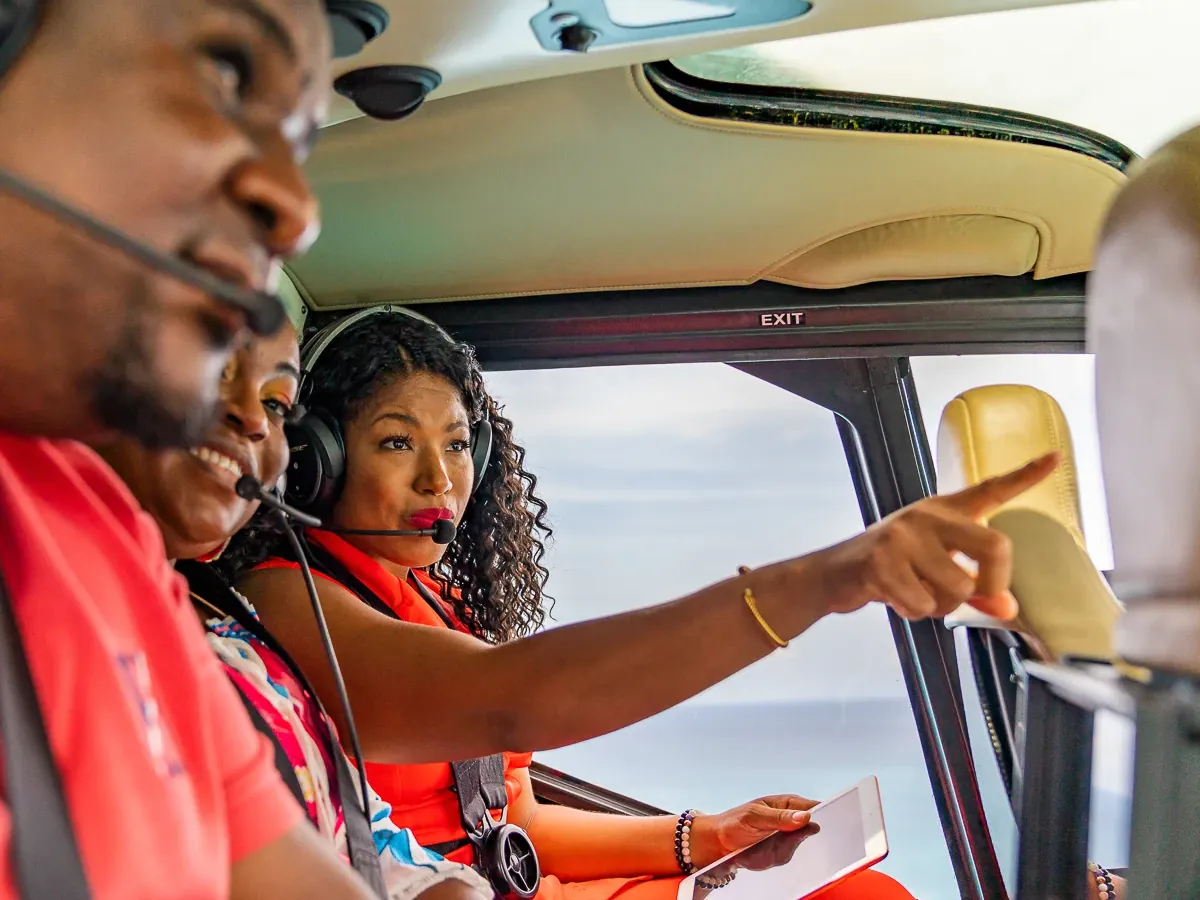 Visitors on a helicopter tour pointing out the island below