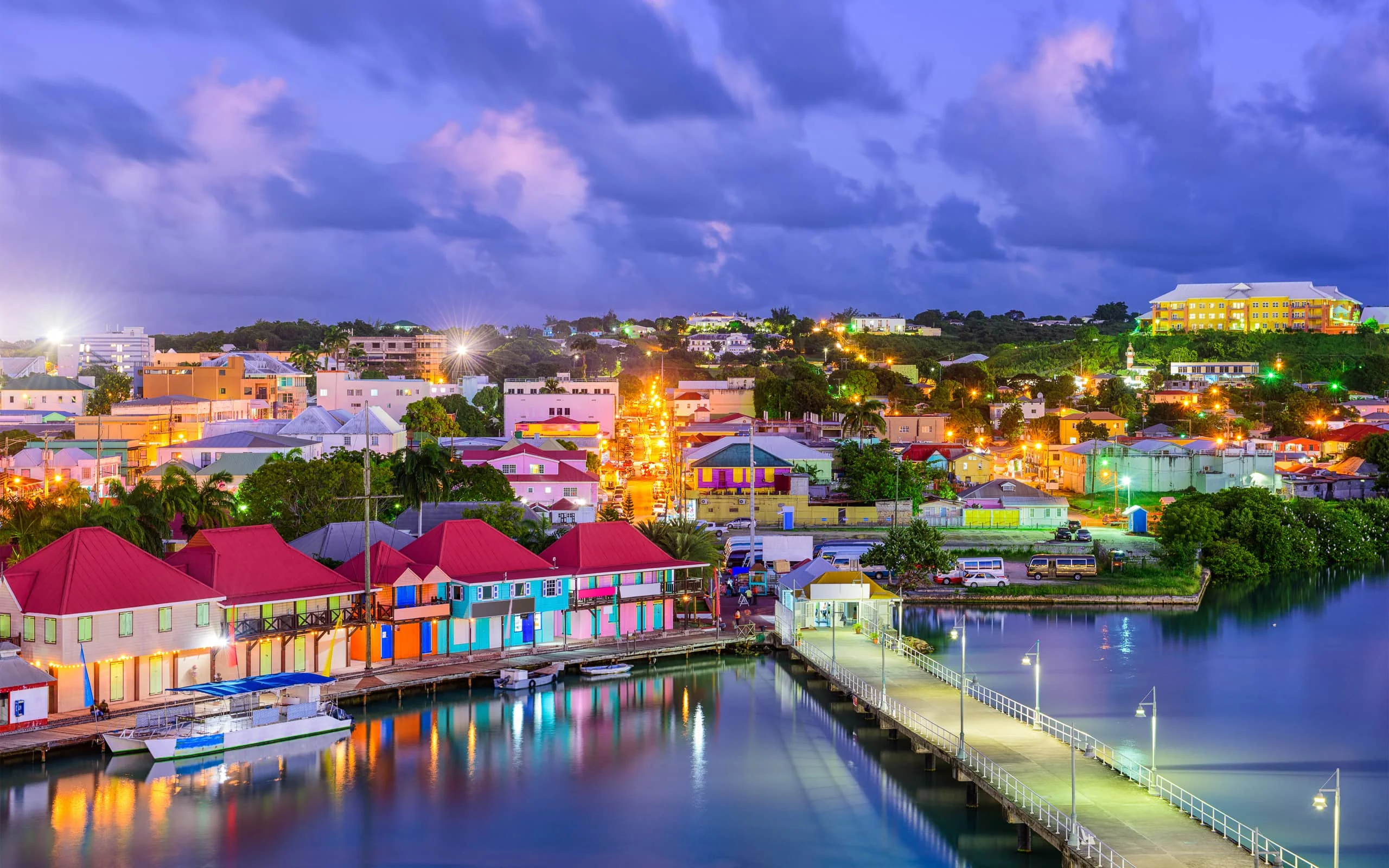 St John's waterfront and harbour lit at dusk, Antigua