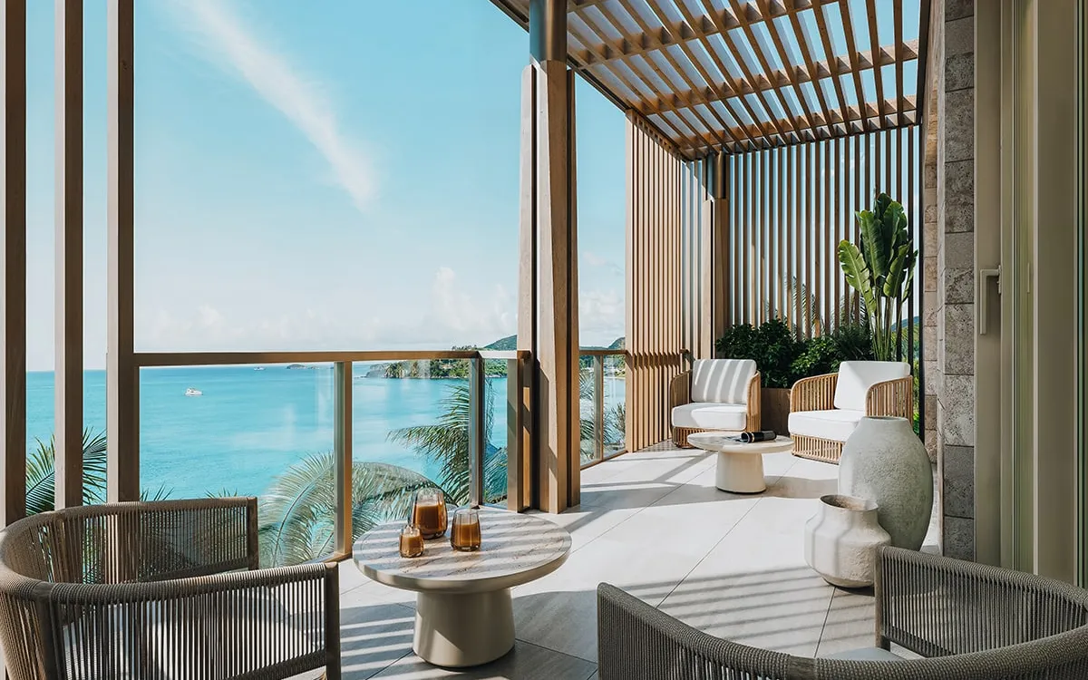 Terrace of a three-bedroom residence overlooking the sea at The Residences at Nikki Beach Resort & Spa Antigua, Jolly Beach