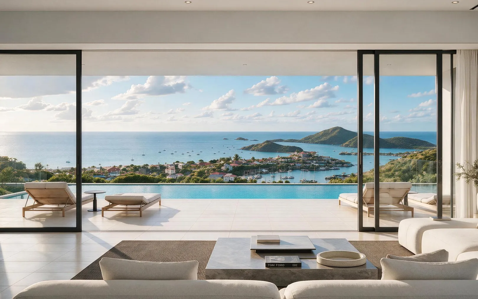 Infinity pool terrace and harbour view from Villa Skyline, Paradise Hills, Antigua