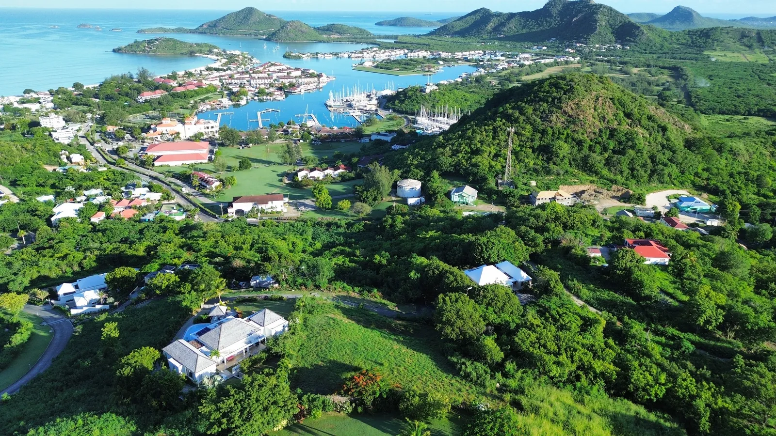 Aerial view of the Sugar Ridge hillside above the Jolly Harbour marina, Antigua