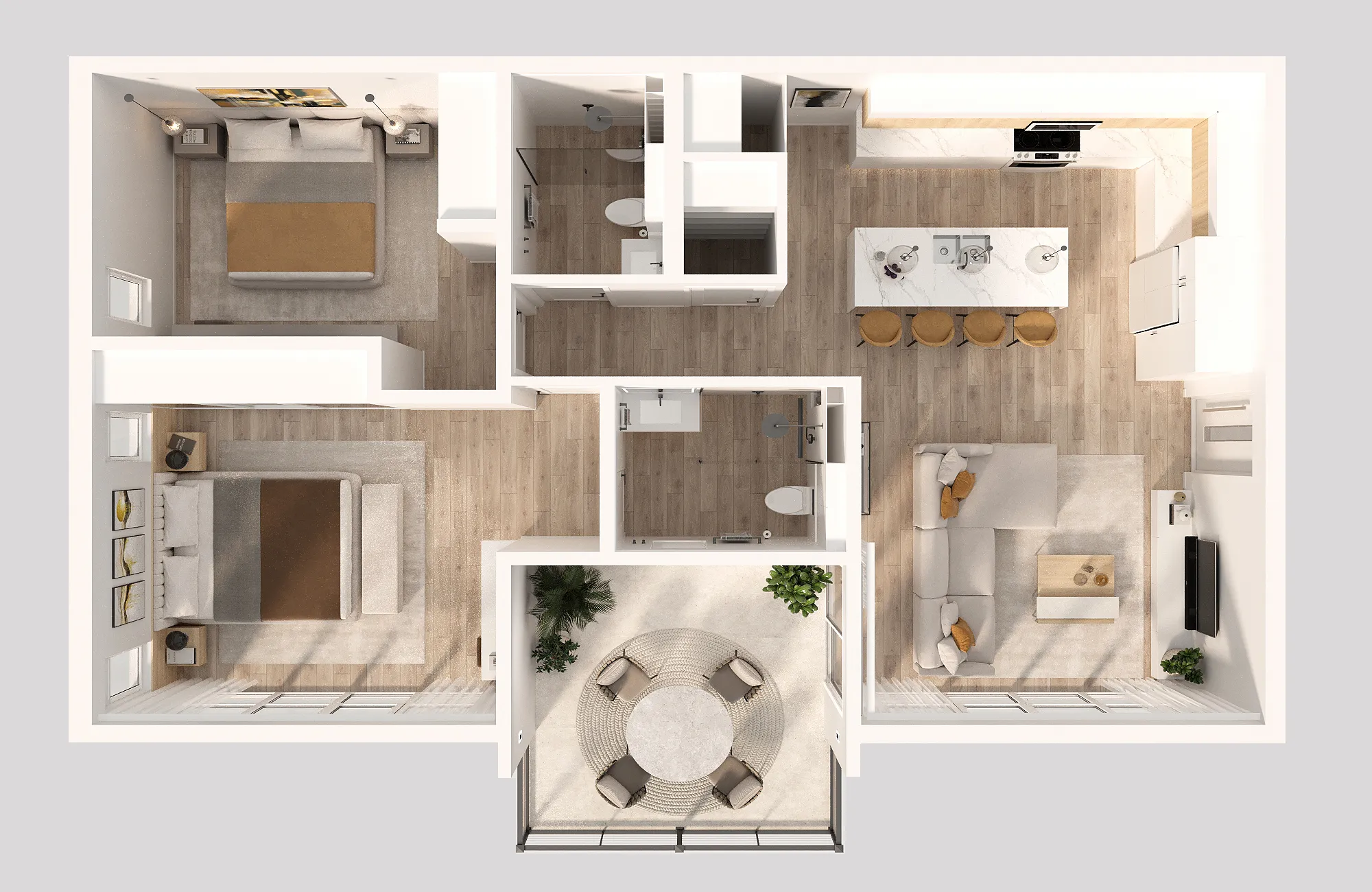Floor plan of the lower Garden Residence at Sugar Ridge, showing two bedrooms, two bathrooms, kitchen, and living area
