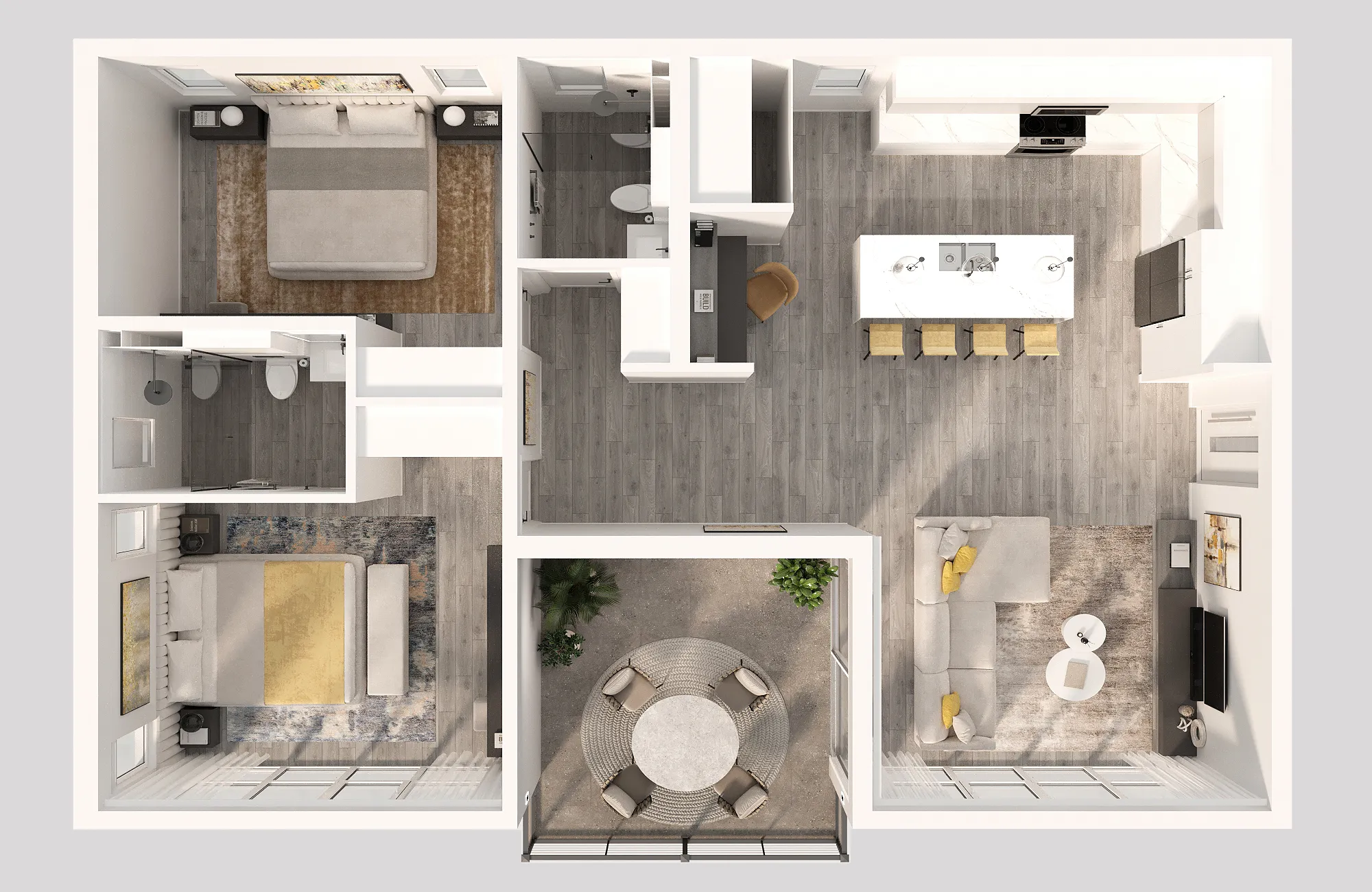 Floor plan of the upper Sky Residence at Sugar Ridge, showing two bedrooms, two bathrooms, kitchen, and living area