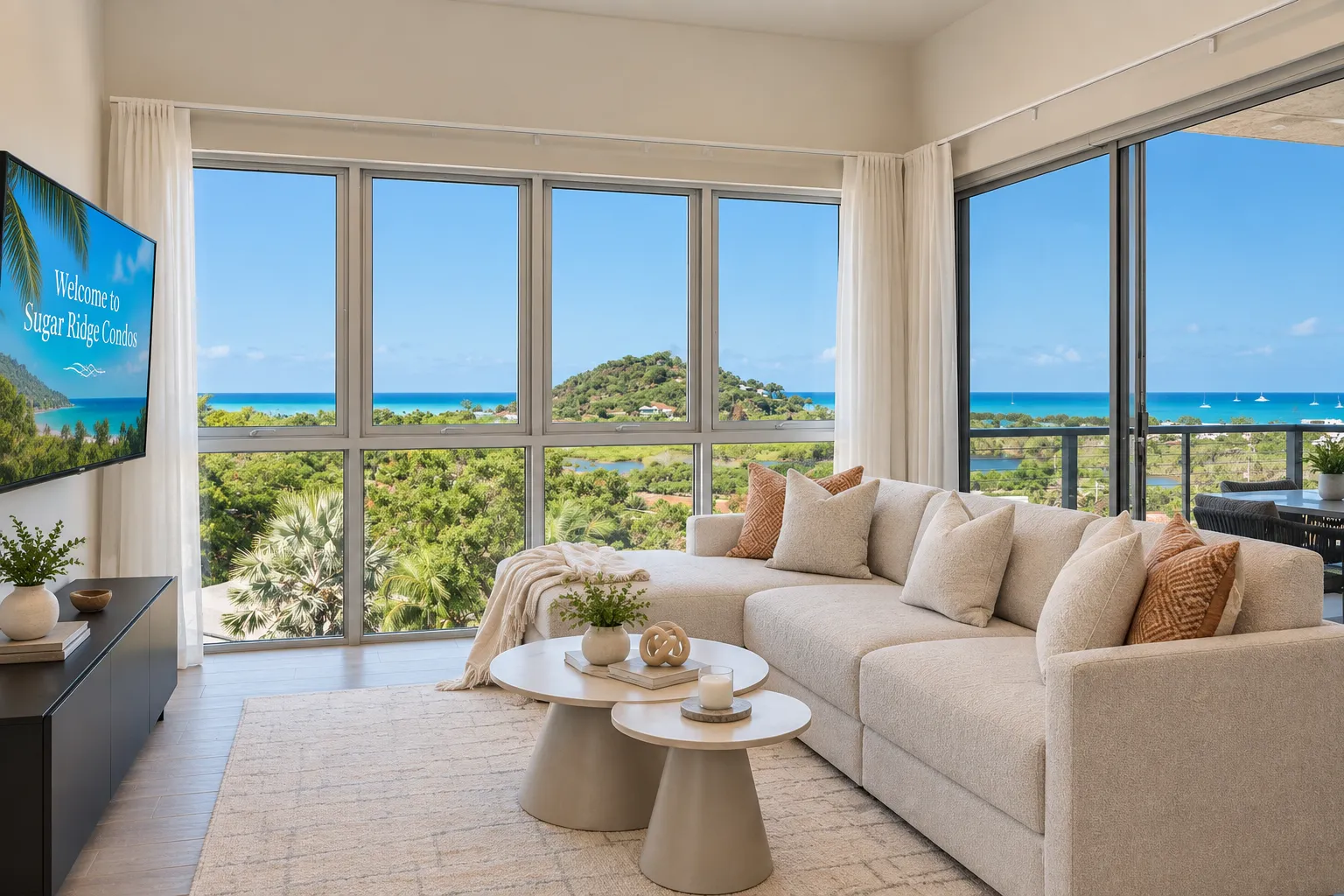 Living room and sea view through full-height glass at Sugar Ridge