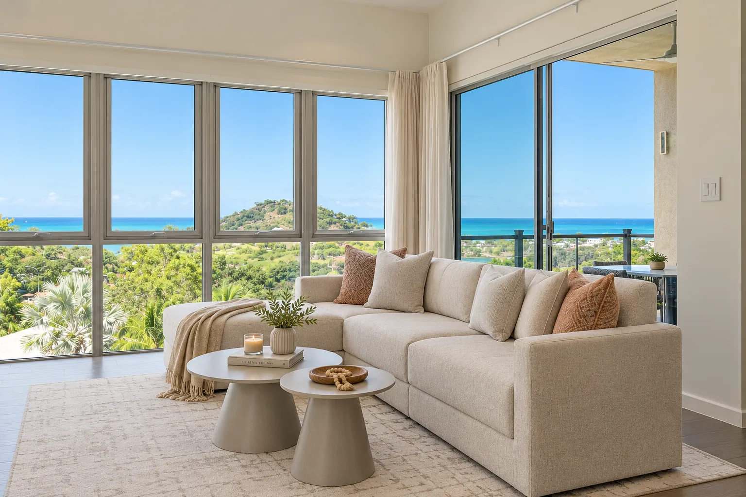 Furnished living room at Sugar Ridge with floor-to-ceiling glass onto the west-coast sea view, Jolly Harbour, Antigua