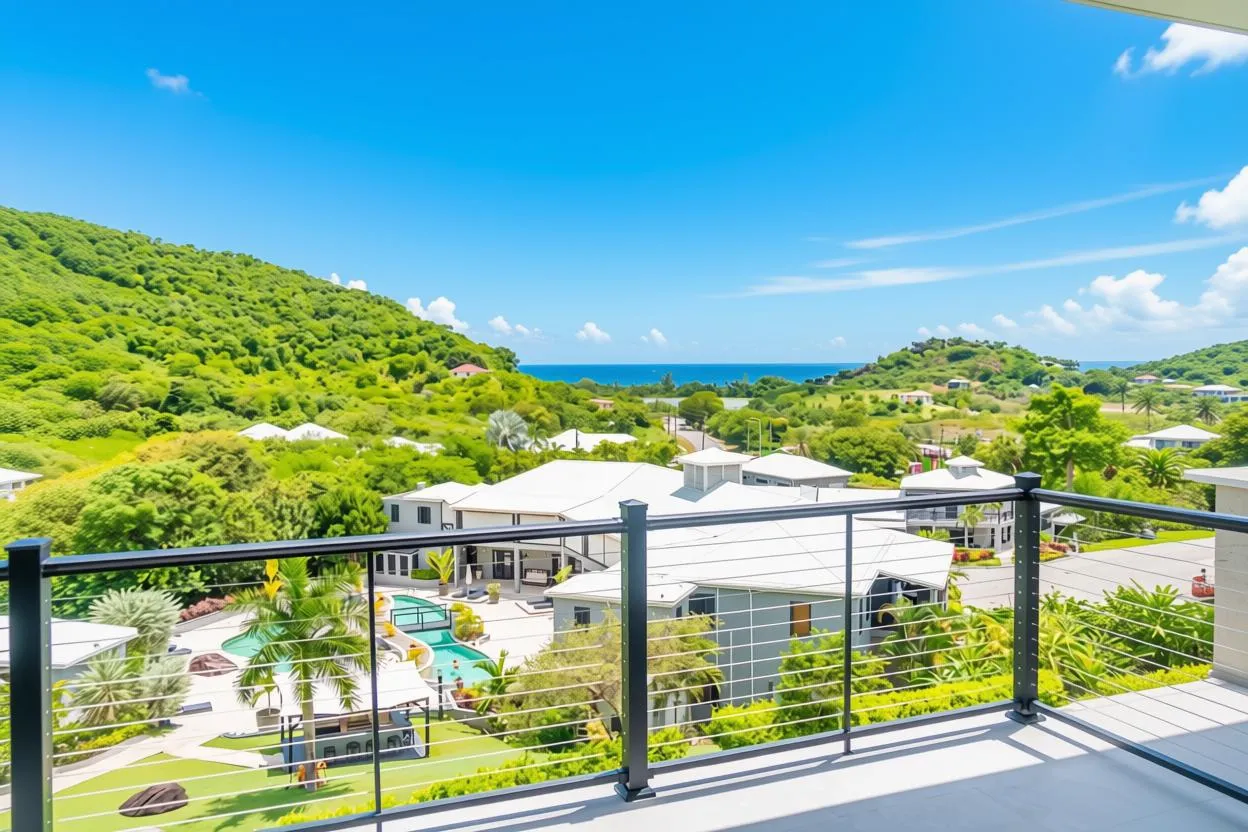 View from a Sugar Ridge balcony over the resort pool to the sea